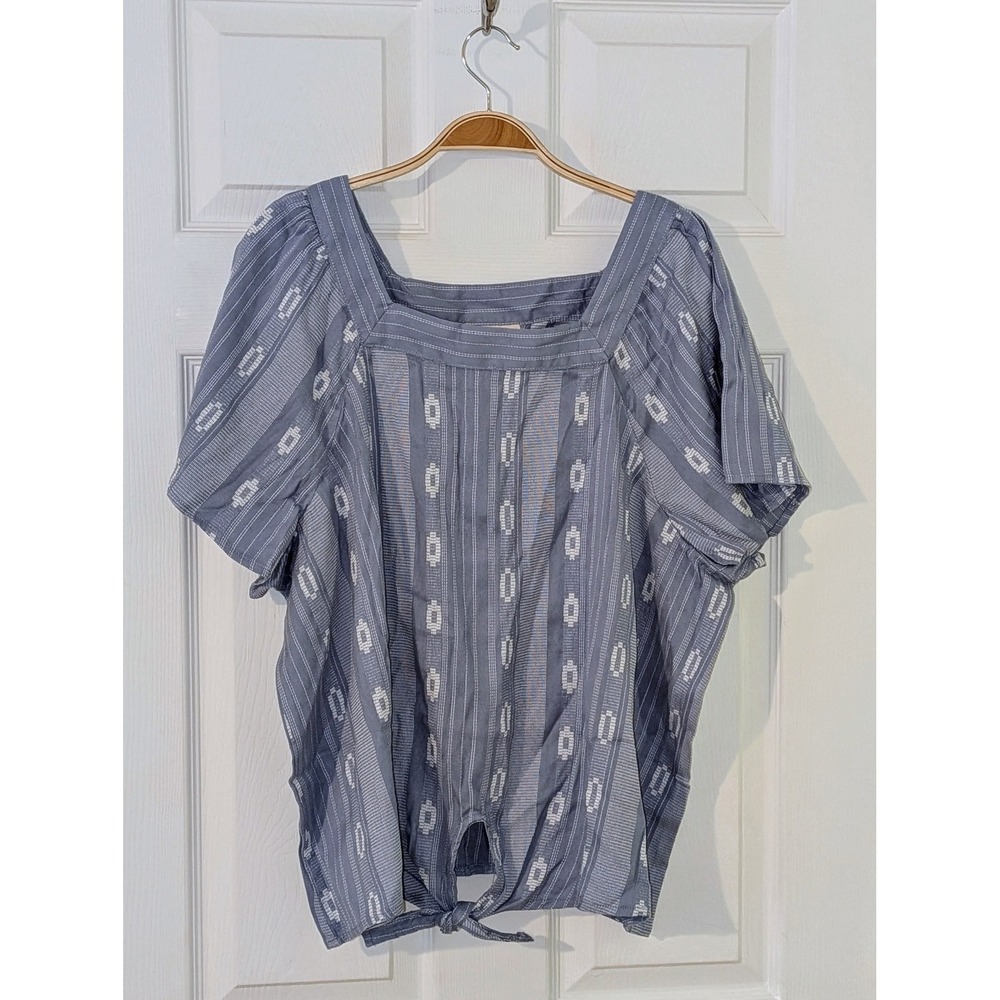 Style & Co‎ Ikat Blouse Tie-Front Square Neck Top Blue White XXL NWT